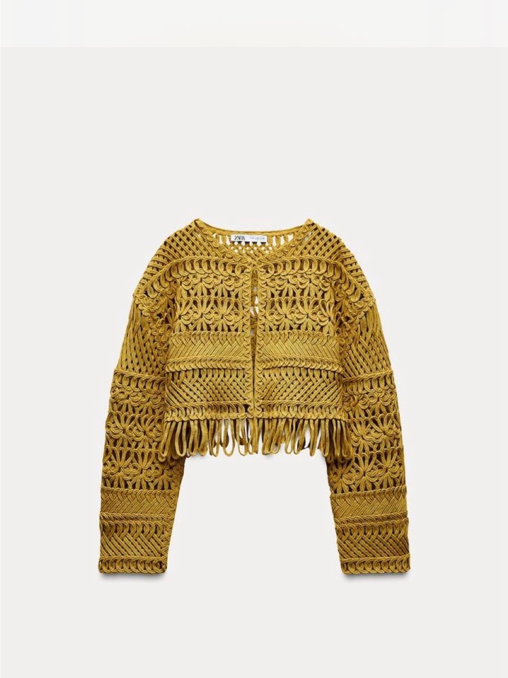 Zara Mustard Crochet Fringe Crop Cardigan